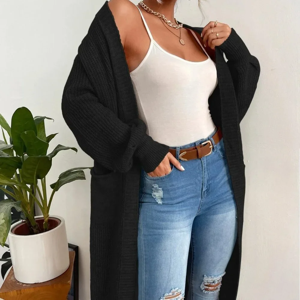 Black Preppy Womens Double Pocket Drop Shoulder Duster Cardigan - Picture 5 of 5